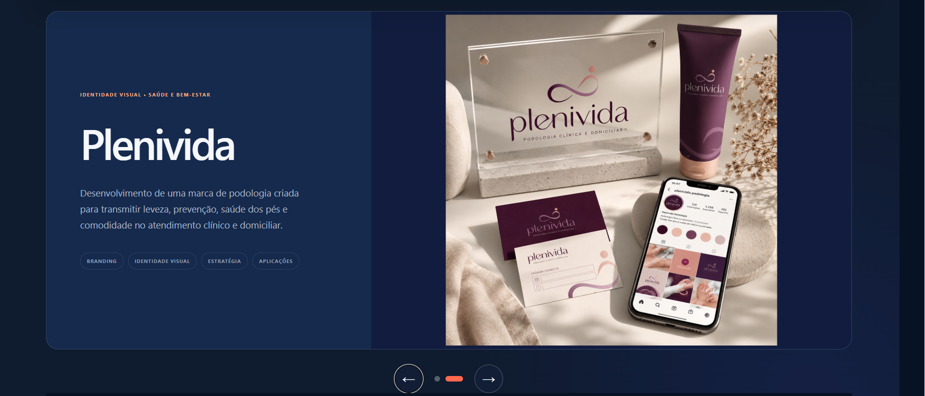 Identidade visual da Plenivida aplicada em placa, embalagem, cartões e perfil para redes sociais.